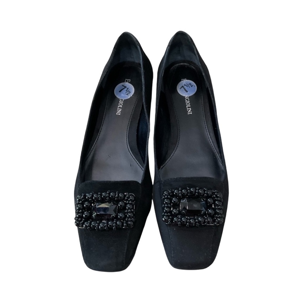 Enzo Angiolini Black Suede Flats 7.5 Comfort Beaded Square Toe Everyday Dress